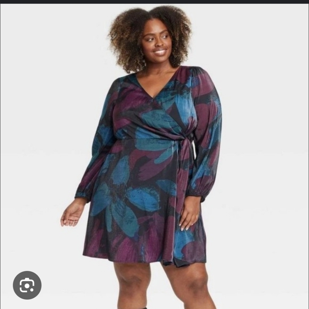 Ava & Viv Sheer Wrap Midi Dress Balloon Long Sleeve Teal Burgundy/Blue Sz 1X NWT